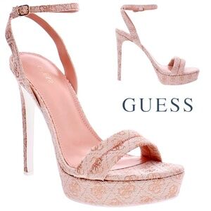GUESS Clives 2 Light Pink Logo Ankle Strap Stiletto Heel Platform Sandal Pumps 9